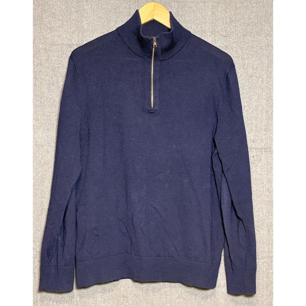 Banana Republic Mens Large Navy Blue 100% Extra Fine Merino Wool 1/4 Zip Sweater